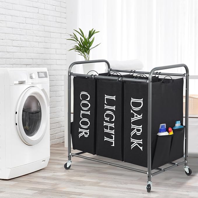 STORAGE MANIAC 3 Section Laundry Sorter, 35.6 Gal (135 L) Laundry Hamper Cart with Heavy Duty Rolling Lockable Wheels and Removable Bags, Clothes Organizer Basket Separator Hamper, Label Black - Image 7