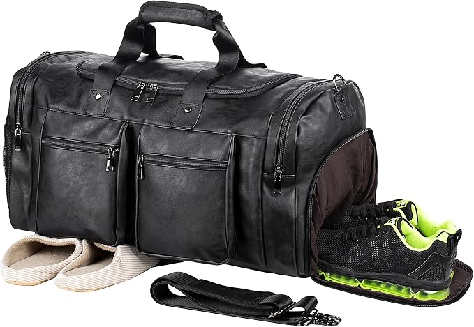 Travel Bag with Shoe Pouch,Weekender Overnight Bag Leather Large Carry On Bag by Seyfocnia