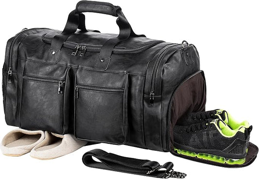 Travel Bag with Shoe Pouch,Weekender Overnight Bag Leather Large Carry On Bag by Seyfocnia