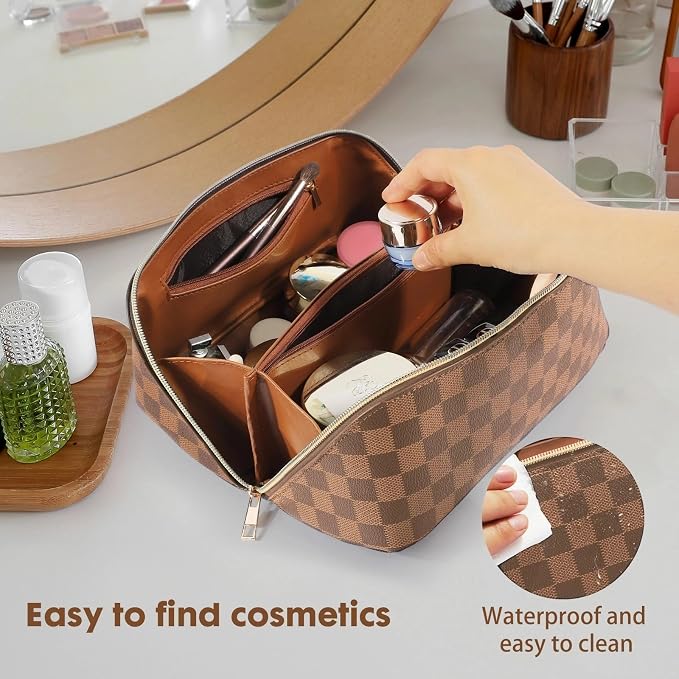 Leather Travel Makeup Bag, Large Capacity Cosmetic Bag for Women, Waterproof Portable Pouch with Divider, Toiletry Organizer with Handle, 10.5x5x5 Inches, Deep Brown - Image 5