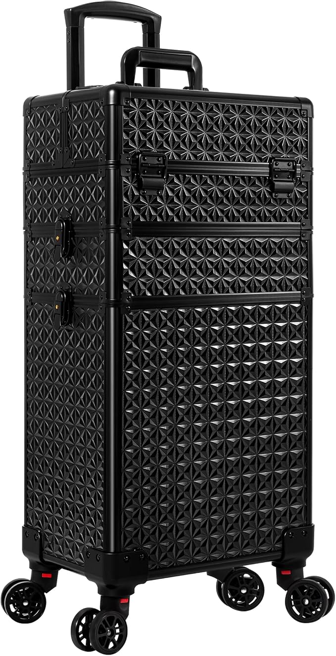 3 in 1 Rolling Makeup Train Case Cosmetology Case on Wheels, Black | Large Cosmetic Trolley Organizer with Keys Salon Barber Case Traveling Cart Trunk for Artist Hairstylists Nail Tech - Image 7
