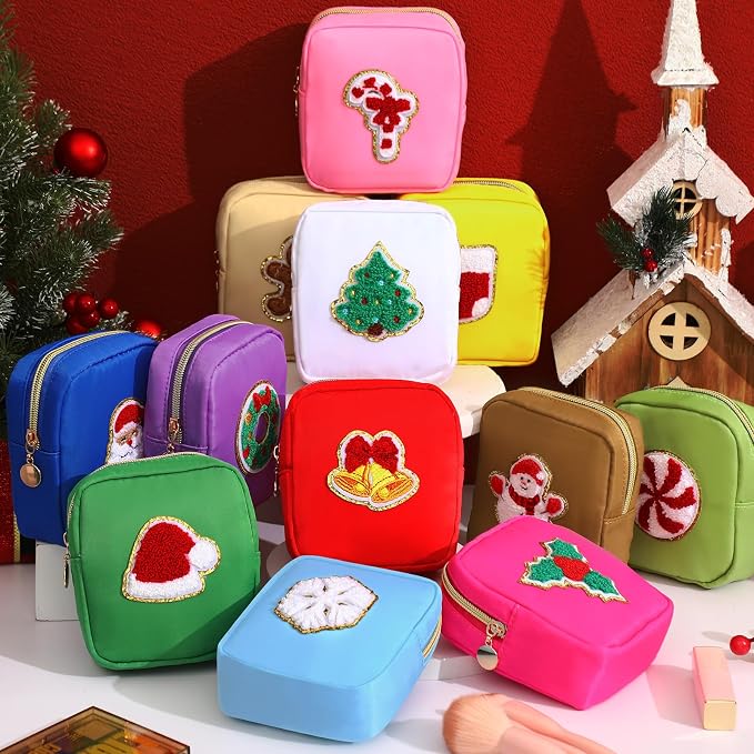 Abbylike 12 Pcs Christmas Preppy Patch Makeup Bags Bulk Holiday Makeup Bag Skincare Pouch Xmas Zipper Cosmetic Pouch Preppy Thing for Travel Christmas Women Gift (Classic,Assorted Colors) - Image 2
