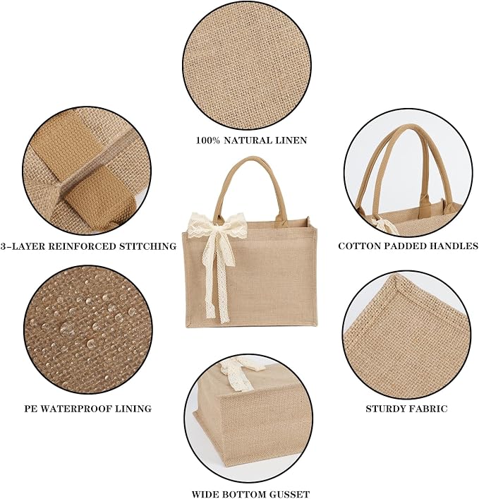 Burlap Tote Bag Set with Ribbon, Reusable Blank Water Resistant Grocery Bags - Image 8