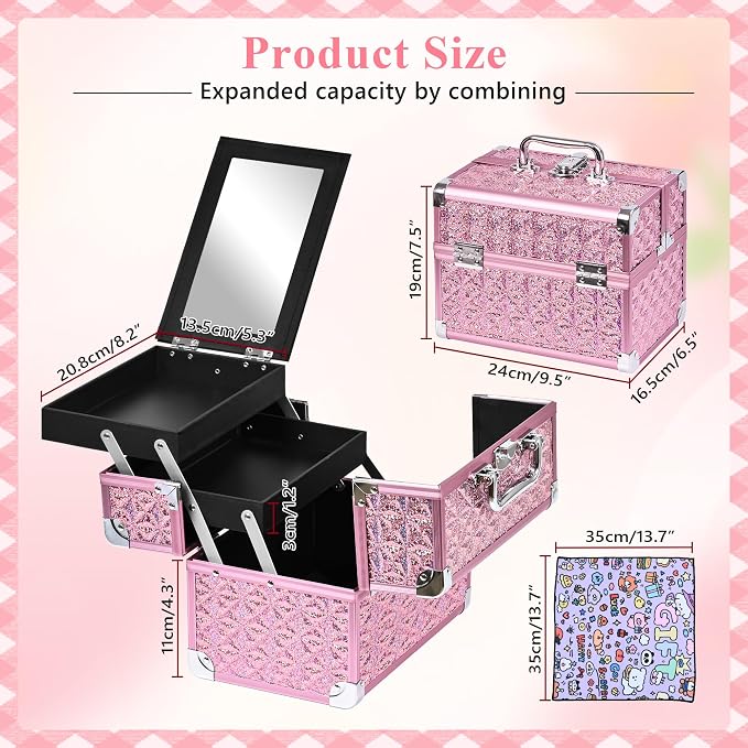 Makeup Case Organizer,Makeup Train Case, Trays Cosmetic Box Portable, Profesional for Salon Barber,Pink - Image 3