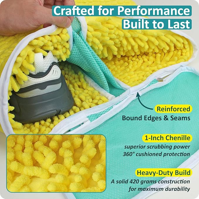 Dual Compartment Shoe Washing Machine Bag, Heavy-Duty Sneaker Laundry Bags with Clasp-Lock Zipper, Thick Chenille & Reinforced Seams for Maximum Protection, Yellow/Blue, 2-Pack - Image 6