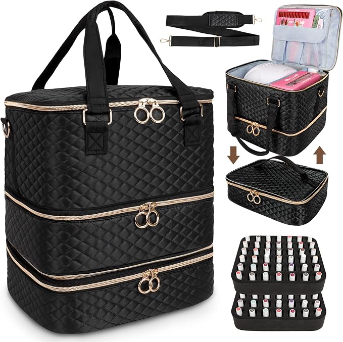 Nail Polish Organizer Bag, 3 Layers Nail Kit Organizers and Storage Case Holds 84 Bottles(15ml/0.5fl.oz)& Nail Lamp, Large Shoulder Bag Travel Carrying Case Box for Nail Supplies by MZTXY
