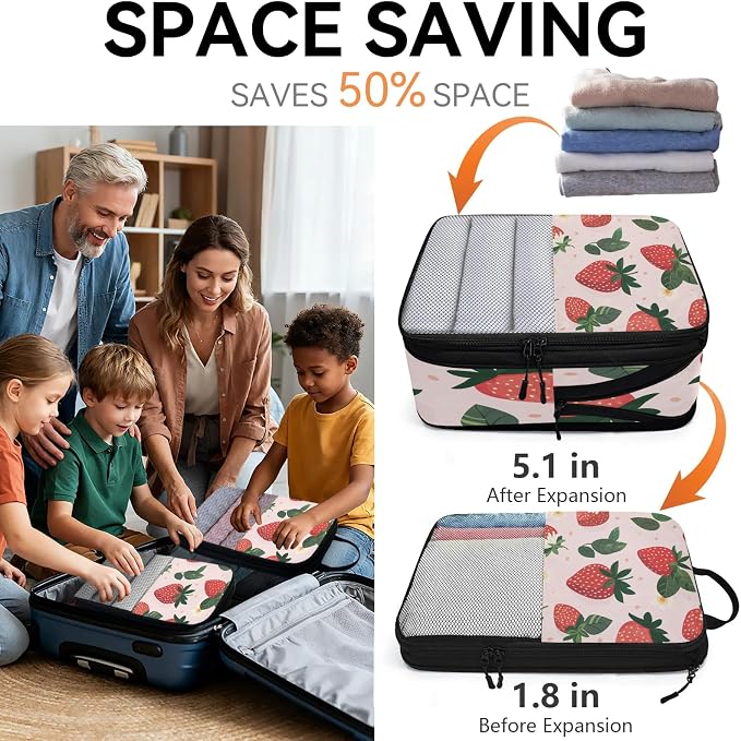 Strawberry Floral 6 Set Compression Packing Cubes for Travel Luggage Carry On Suitcase Compressible Expandable Packing Cubes Organizers Bag - Image 6