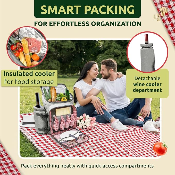 Nature Gear Picnic Backpack for 4, Insulated Picnic Set with Dinnerware, Wine Cooler, Blanket & Cutlery Service, Waterproof Outdoor Bag for Beach, Camping, Travel & Park, Red - Image 5
