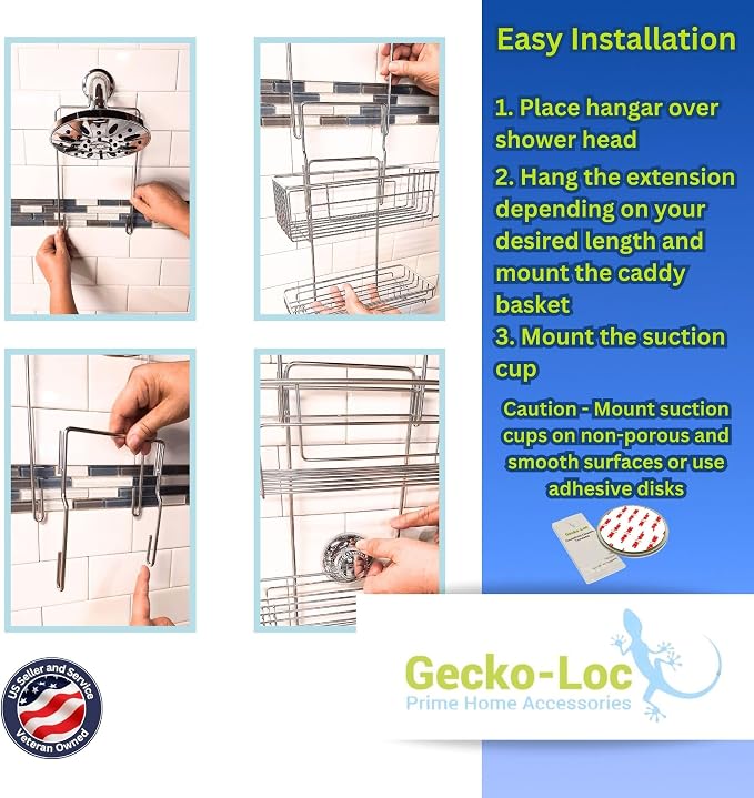 Gecko-Loc Extra Long Adjustable Length over the showerhead hanging shower caddy - bathroom caddies - for Shampoo, Soap, & Razors - Silver - Image 8