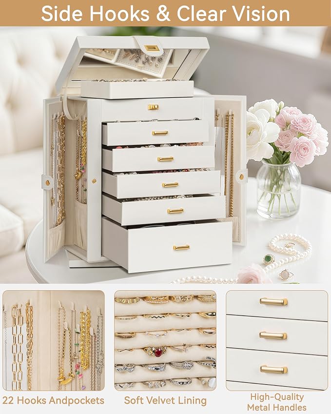 AKOZLIN 6-Tier Jewelry Box Organizer Functional 5 Drawers Leather Jewelry Storage Case for Women Girls Ring Necklace Earring Bracelet Holder Organizer with Mirror XL White 360° Rotating - Image 6