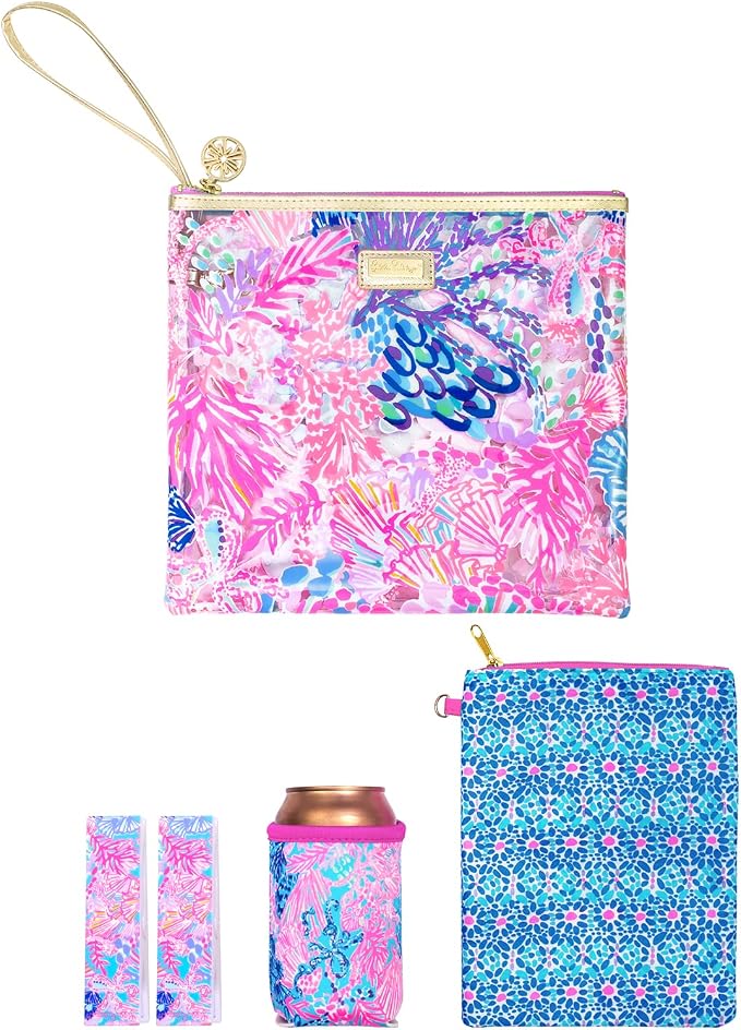 Lilly Pulitzer Water Resistant Vinyl Beach Day Pouch, Zipper Bag Includes Drink Hugger, Small Pouch, and Towel Clips by Unknown
