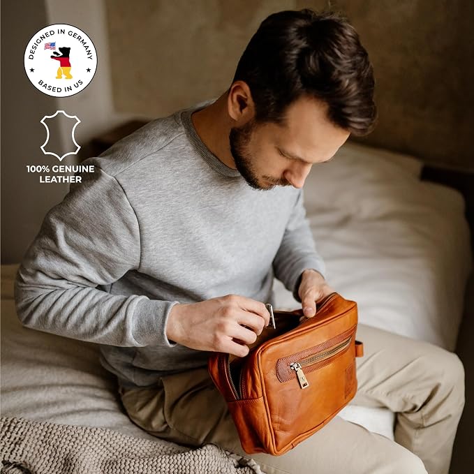 BERLINER BAGS Vintage Genuine Leather Toiletry Bag Paul, Large Capacity Cosmetics Bag for Men and Women for Travel - Brown (1 Compartment) - Image 3