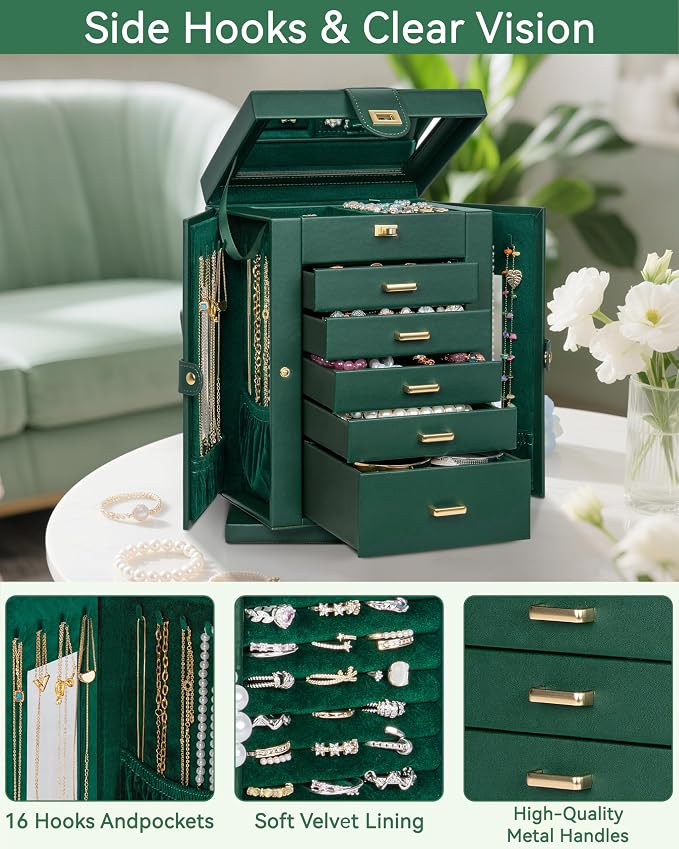 AKOZLIN 6-Tier Jewelry Box Organizer Functional 5 Drawers Leather Jewelry Storage Case for Women Girls Ring Necklace Earring Bracelet Holder Organizer with Mirror Green 360° Rotating - Image 6