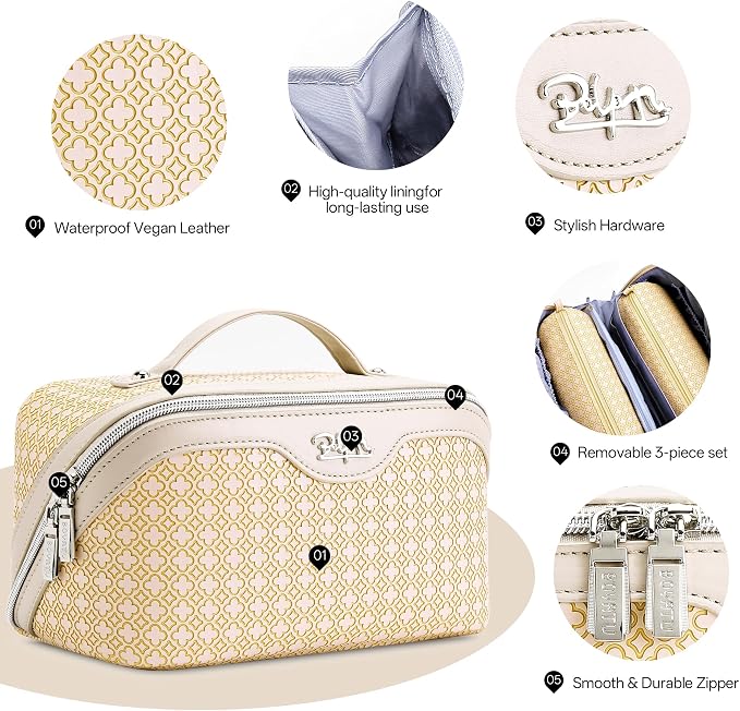 BOYATU Travel Makeup Bag for Women: Four Leaf Clover Large Capacity 3 Pcs Set Cosmetic Bags - Waterproof 50% Extra Space for Toiletry Organizer - Travel Essentials for Fortunate (09 Yellow) - Image 3