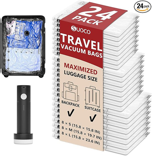 Travel Vacuum Bags for Clothing with Rechargeable Electric Pump, Compression Packing Cubes Organizer Storage for Luggage Suitcase, Space Saver Seal Bags for Vacation Cruise, 24 Combo by SUOCO