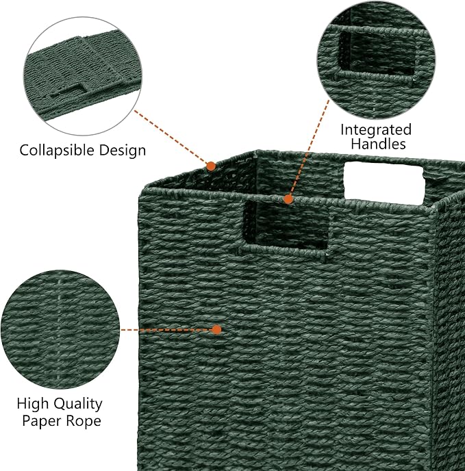 Vagusicc Wicker Storage Basket, Set of 2 Hand-Woven Paper Rope Wicker Basket, Foldable Cube Storage Bins, Square Large Storage Baskets for Organizing Shelves & Decor, Orange (13″×13″×13″) - Image 4