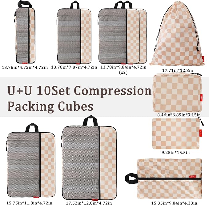 U+U 10 Set Compression Packing Cubes - Ultralight Travel Organizers with Laundry Bag and Cosmetic Bag, Space-Saving Suitcase Organizer for Travel, Business Trip and Family Vacation (Khaki Checkered) - Image 3