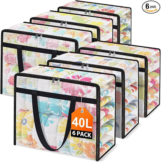 Clear Under Bed Storage Containers - 6 Pack Large Capacity Clothes Storage Bags with Lid & Sturdy Handles, Foldable Moving Bags, Clothing Organizer Totes for Bedding, Comforter, Sheet（40 L） by Unknown