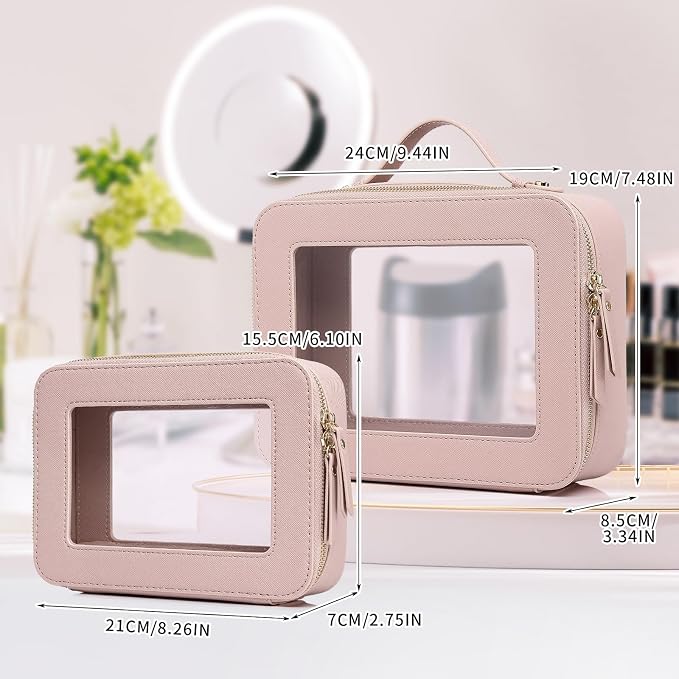 Pinkmik Clear Makeup Bag for Women Waterproof Travel Cosmetics and Toiletries Case Portable Makeup Oaganizer Bag Clear Car Bag with Zipper (Pink, M+L) - Image 4