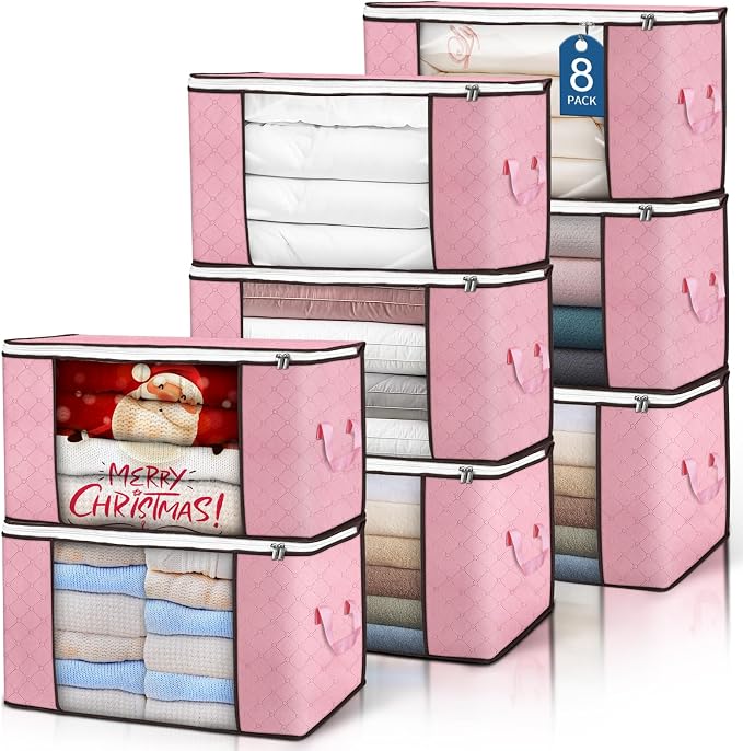 90 L Large Storage Bags, 8 Pack Clothes Storage Bins Foldable Closet Organizer Storage Containers with Durable Handle Storage and Organization, Blanket, Comforters, Bed Sheets, Pillows and Toys (Pink) | Foldable Storage Containers, with Reinforced Hand... by BuddingJoy-BuildaJoyfulLifeforYou