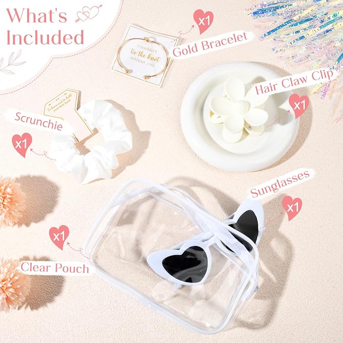 DEEKA 5 Pcs Bridesmaid Proposal Bag Set Gift Clear Makeup Toiletry Bag Bachelorette Party Favors Sunglasses Flower Claw Clips Scrunchies Knot Bracelets Bridal Wedding Party Gifts (White) - Image 2