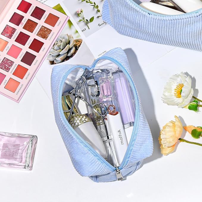 SOIDRAM 2 Pack Corduroy Makeup Bag for Women, Blue Makeup Pouch Small Cosmetic Bag Travel Toiletry Organizer for Skincare, Brushes & Essentials - Image 2