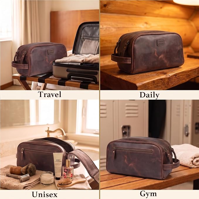 LEATHER VILLAGE Genuine Leather Toiletry Travel Bag With Waterproof Lining - Mulberry Brown | King-Size Handcrafted Vintage Dopp Kit Bag, Shaving & Bathroom Organizer, Gift for Men & Women - Image 7