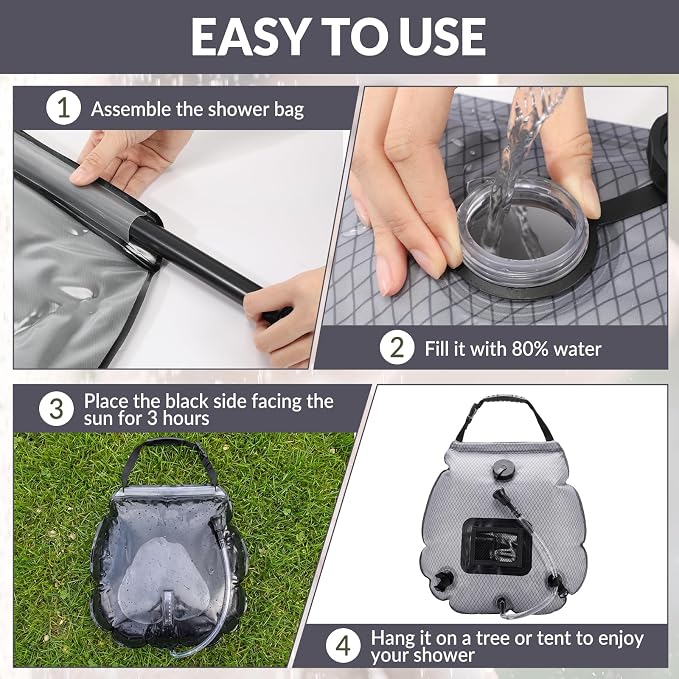 Hortsun 4 Pack Solar Portable Shower Bag 5 Gal/20l Solar Heating Camping Shower Bag with On-Off Switchable Head and Removable Hose for Outdoor Camping Hiking Traveling Beach Swimming - Image 6
