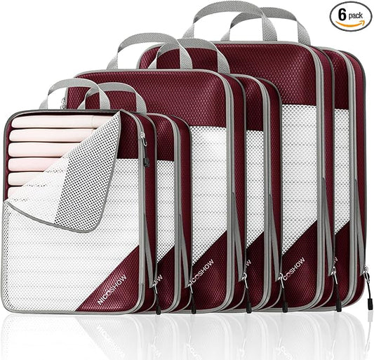 NICOSHOW 6 Set Compression Packing Cubes for Travel - Compressible, Lightweight, and Space-Saving Packing Cubes, Travel Essentials for Women, Wine by NICOSHOW