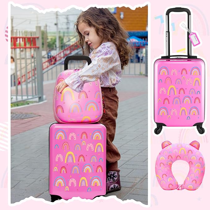Sanwuta 4 Pcs Kids Luggage Set Back to School Gifts for Girls Boys Carry On Rolling Suitcase Backpack Neck Pillow Travel Set(17 Inch,Rainbow Style,Pink) - Image 7