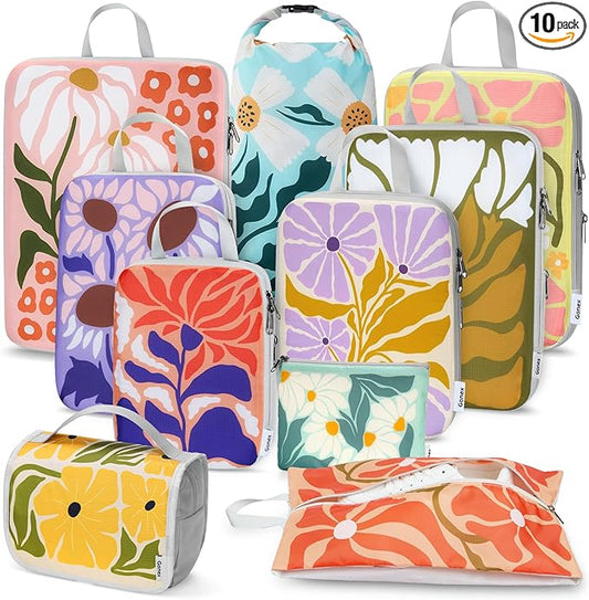Gonex Compression Packing Cubes, 10pcs Expandable Storage Travel Luggage Bags Organizers with Hanging Toiletry Bag Laundry Bag Shoe Bag Accessories Bag, Travel Cubes for Suitcase Carry On (Flowers) by Gonex