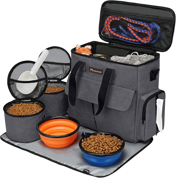 MoModoker Dog Travel Bag with 2 Food Bags, 2 Bowls and Mat(Dark Gray) | Roomy Main Compartment | Multiple Functional Pockets | Water-Resistant Oxford Fabric | PVC Backing | Leak-Resistant Lining - Image 7