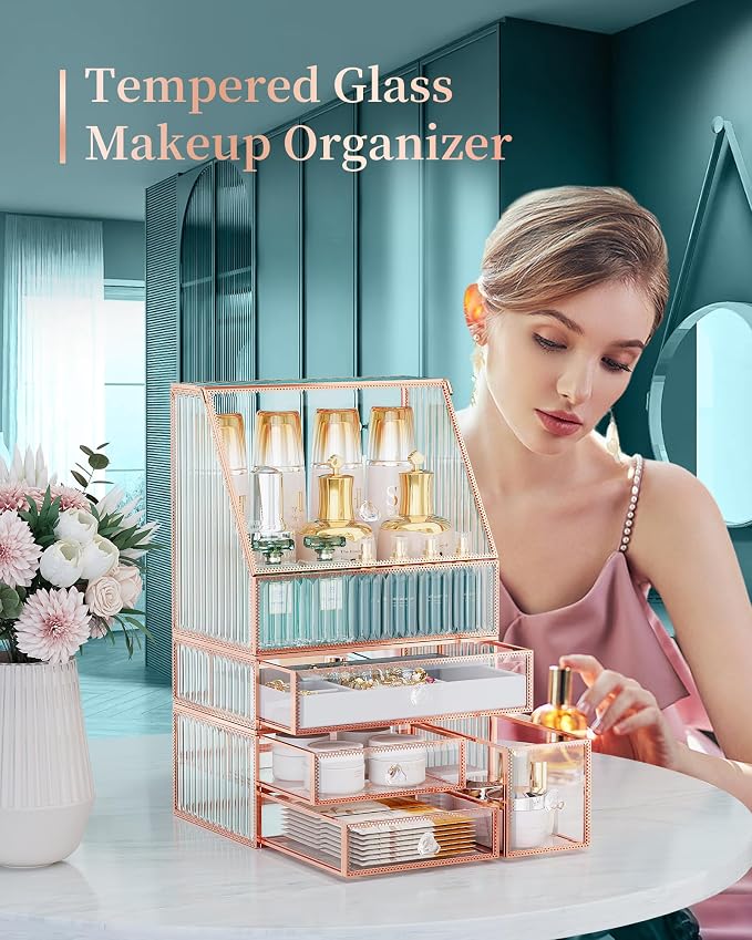 Youdepot Large Makeup Organizer, Glass Cosmetic Storage with Drawers, Stackable Makeup and Jewelry Organizer for Vanity Table, Bathroom Countertop, Skincare, Lipsticks, Perfume, Brushes - Image 3
