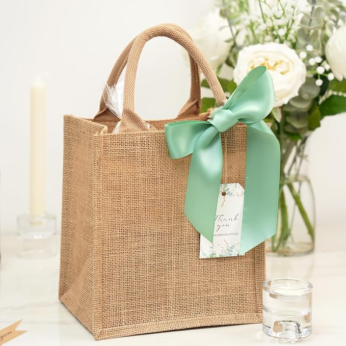 10 Pack Burlap Gift Bags for Wedding Welcome, Bachelorette, Beach, Bridesmaid - Small Bulk Reusable Jute tote with Sage Green Ribbons - Image 2