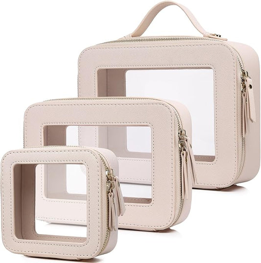 Pinkmik Clear Makeup Bag Waterproof Travel Case for Cosmetics and Toiletries Women's Purse Organizer and Clear Car Bag with Zipper (Beige, L+M+MINI) by Pinkmik