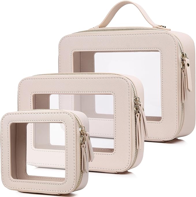 Clear Makeup Bag Set 3 Piece Travel Case for Cosmetics and Toiletries Women's Makeup Organizer and Car Essential with Zipper (Beige, L+M+MINI) by LOFOWN