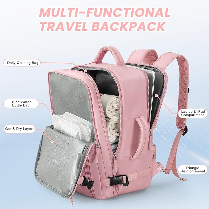 Beraliy Travel Backpack for Women, Airline Approved Bag, Carry On Waterproof Hiking Backpack, 16 inch Laptop Backpack, Overnight Bag, Pink - Image 3