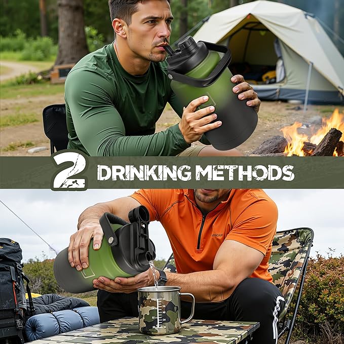 NATURE PIONEOR 128oz/1 Gallon Tactical Water Bottle with MOLLE Bottle Pouch | 18/8 Food-grade Stainless Steel, Double Vacuum Insulation, Wide-Mouth, Straw & Spout Lid, Strap, Camping, Hiking, Gym, Work - Image 2