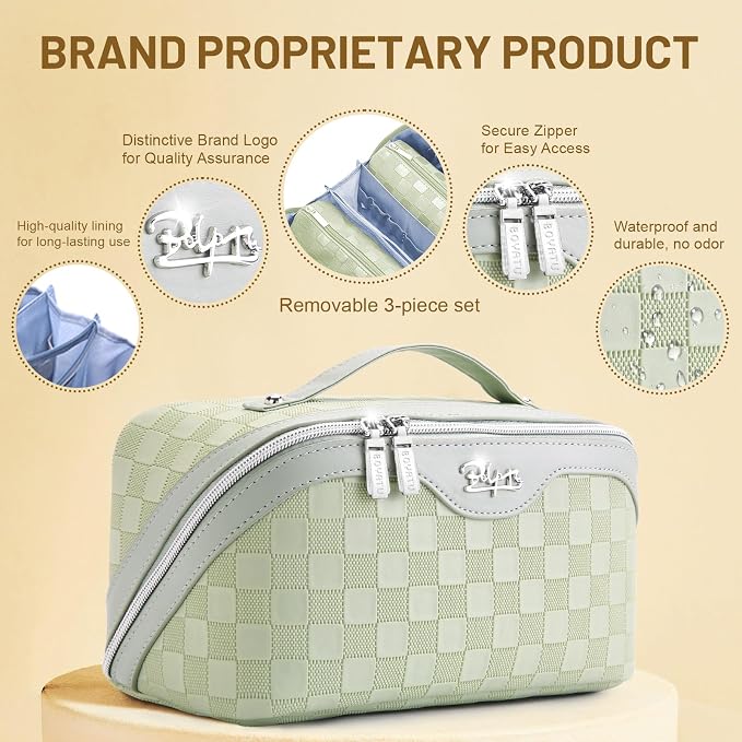 BOYATU Travel Makeup Bag Organizer: 3 Pcs Set Large Capacity Cosmetic Bags Holds 10–20 100ml Full-Size Bottles - 180°Open-Flat Make up Case 3-sec touch-up - Toiletry Bag Gift women (01-D-Green) - Image 3