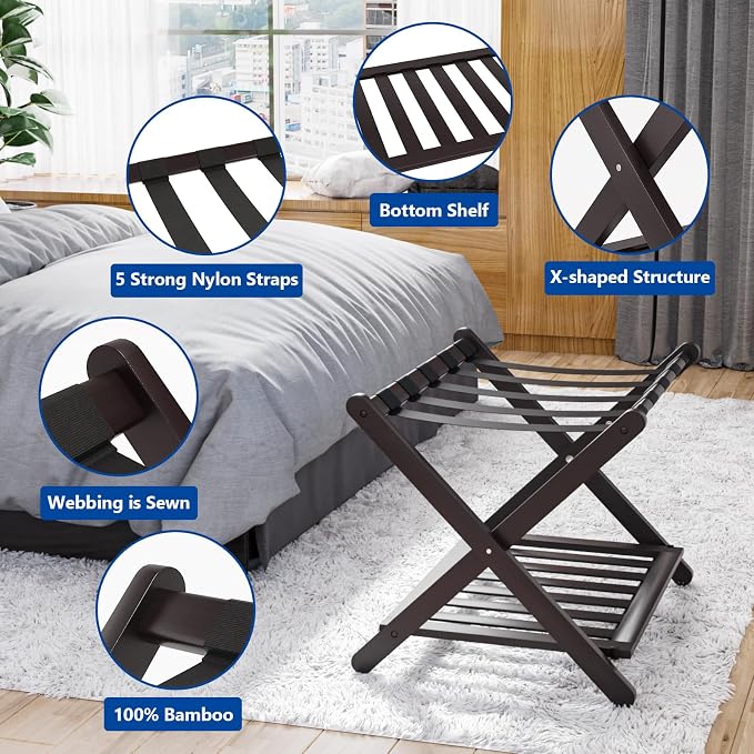 Smuxee Fully Assembled Brown Luggage Racks Pack of 2, Upgraded Bamboo Foldable Suitcase Stand with 5 Nylon Straps, Luggage Holder with Shelf for Guest Room Bedroom Hotel - Image 3