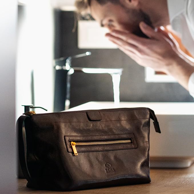 Time Resistance Leather Toiletry Bag - Dopp Kit, Full-grain Leather Cosmetic Case, Wash Bag (Brown) - Image 2