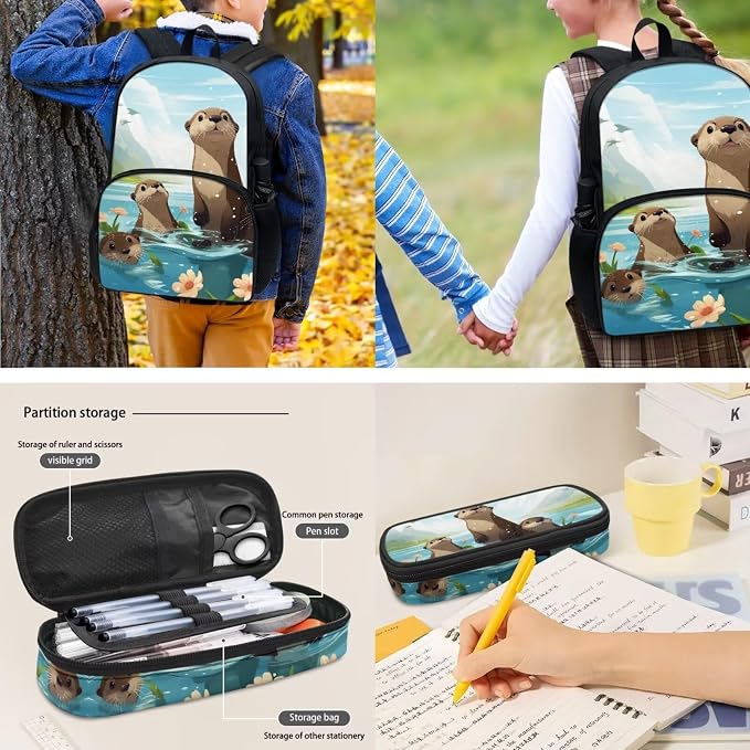 Cartoon Otter School Backpack Set 4 Pcs Girl's Schoolbag Sets Big Capacity Bookbag with Lunch Box Pencil Case Water Carrier Pouch for Primary,Secondary School,Back to School Gift - Image 4