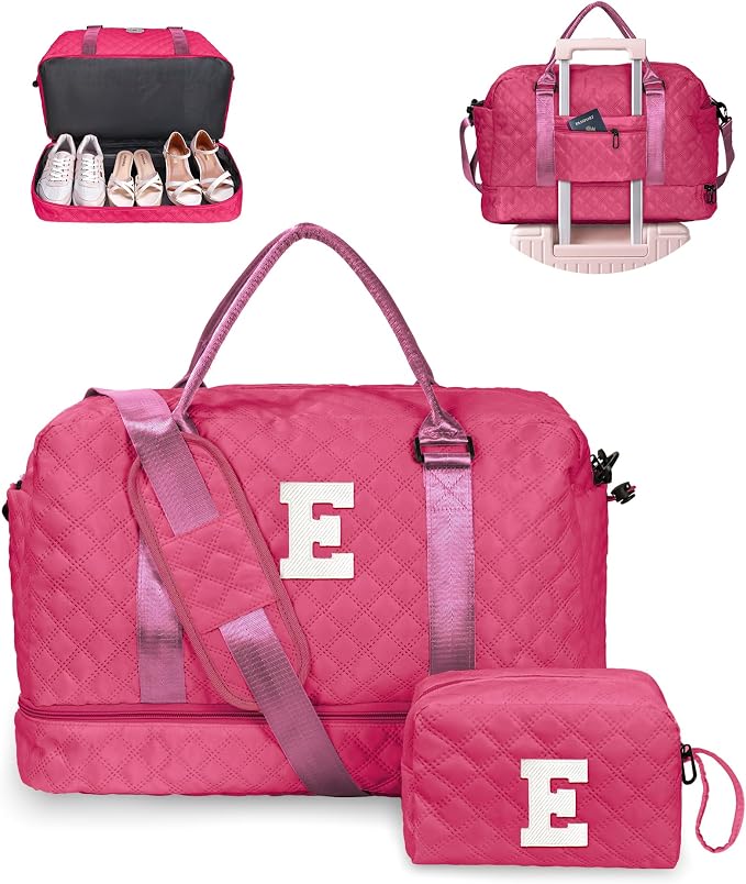 Bags for Girls, Birthday Gift-Initial Travel Bag with Shoe Compartment, Personalized Weekender Bag, Monogram Overnight Bag for Women, Letter Travel Bag with Makeup Bag (Letter E) by Vogewood
