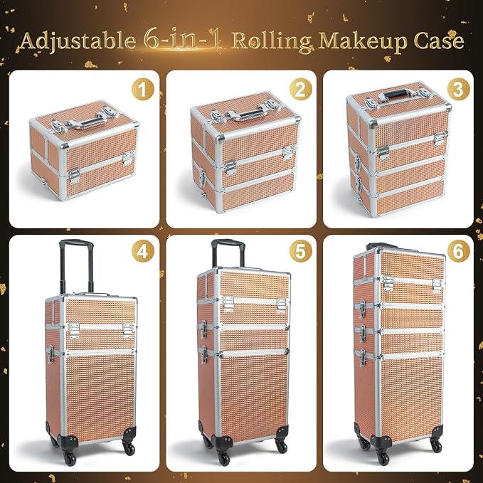 4 in 1 Makeup Train Case - Professional Cosmetology Case on Wheels, Large Transformable Makeup Train Case & Barber Case, Portable rolling makeup case & Makeup Cart, Rose Gold - Image 5