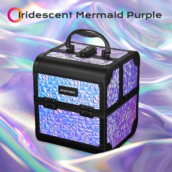 BYOOTIQUE Mini Makeup Train Case with Mirror 2 Tier Trays Box Makeup Artist | Aluminum Portable Travel Makeup Case Organizer Box Lockable Suitcase Cosmetic Storage Hairstylist Nail Tech Mermaid Purple - Image 2