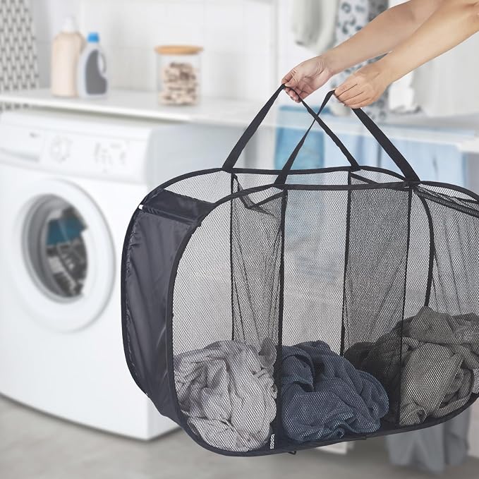 Seiritex Mesh Popup Laundry Hamper 3 Compartment Sortable Horizontal Collapsible Laundry Basket for Clothes Laundry Room Bedroom Toys Travel (Black) - Image 2