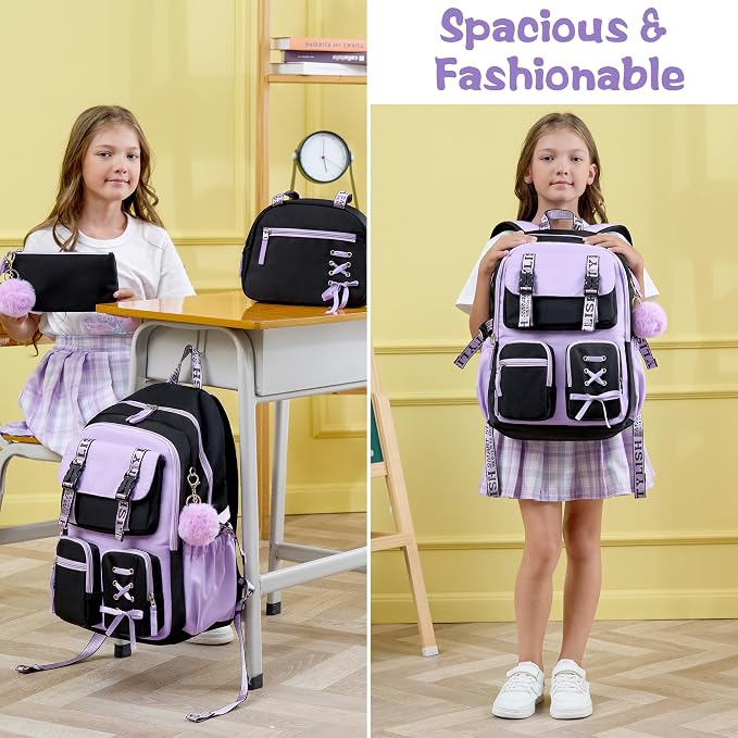Fimibuke Backpack for Girls, 3 PCS Waterproof Girls Backpack with Lunch Box & Pencil Case, Kid Backpacks for Teen Girl Kindergarten Elementary Middle High School Student Back to School Kid Bookbag Set - Image 5