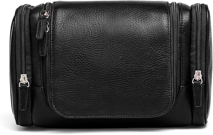 Leatherology Premium Ebony Small Hanging Toiletry Kit – Compact Leather Travel Organizer with Interior Zip Pockets, Mesh Pouches & Hanger | Full-Grain Leather Toiletry Bag for Men & Women by Leatherology