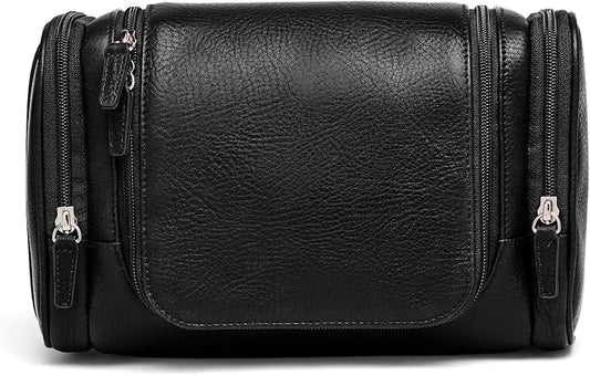 Leatherology Premium Ebony Small Hanging Toiletry Kit – Compact Leather Travel Organizer with Interior Zip Pockets, Mesh Pouches & Hanger | Full-Grain Leather Toiletry Bag for Men & Women by Leatherology