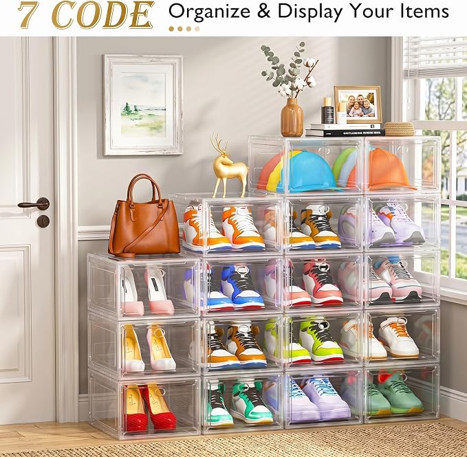 7 code Shoe Organizer, Clear Thickened Stackable Shoe Boxes with Magnetic Door, Collapsible Closet Storage Rack for Sneakers & Boots, 6 Pack White, Virgin Material, Not Recycled Plastic for Household - Image 4